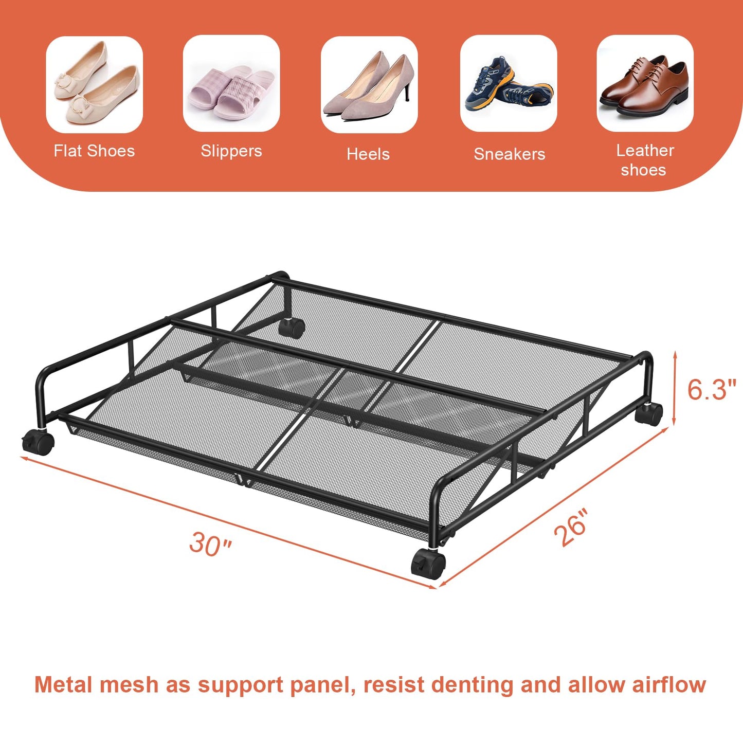 KOSIWU Under Bed Shoe Storage Organizer, 2 Pack Metal Mesh Under Bed Storage Containers with Wheels, Shoe Organizer Drawer Space Saving for Bedroom