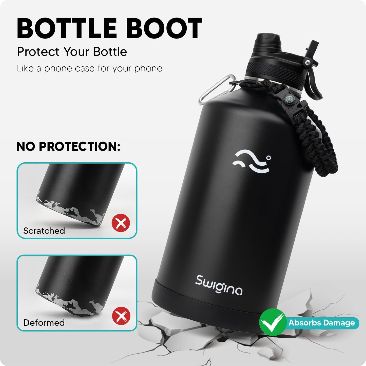 Swigina 1 Gallon Insulated Water Bottle with Silicone Boot (48hrs Cold/24hrs Hot) - DIY Stickers, Leakproof, BPA Free, 128 oz [2-IN-1 LID]