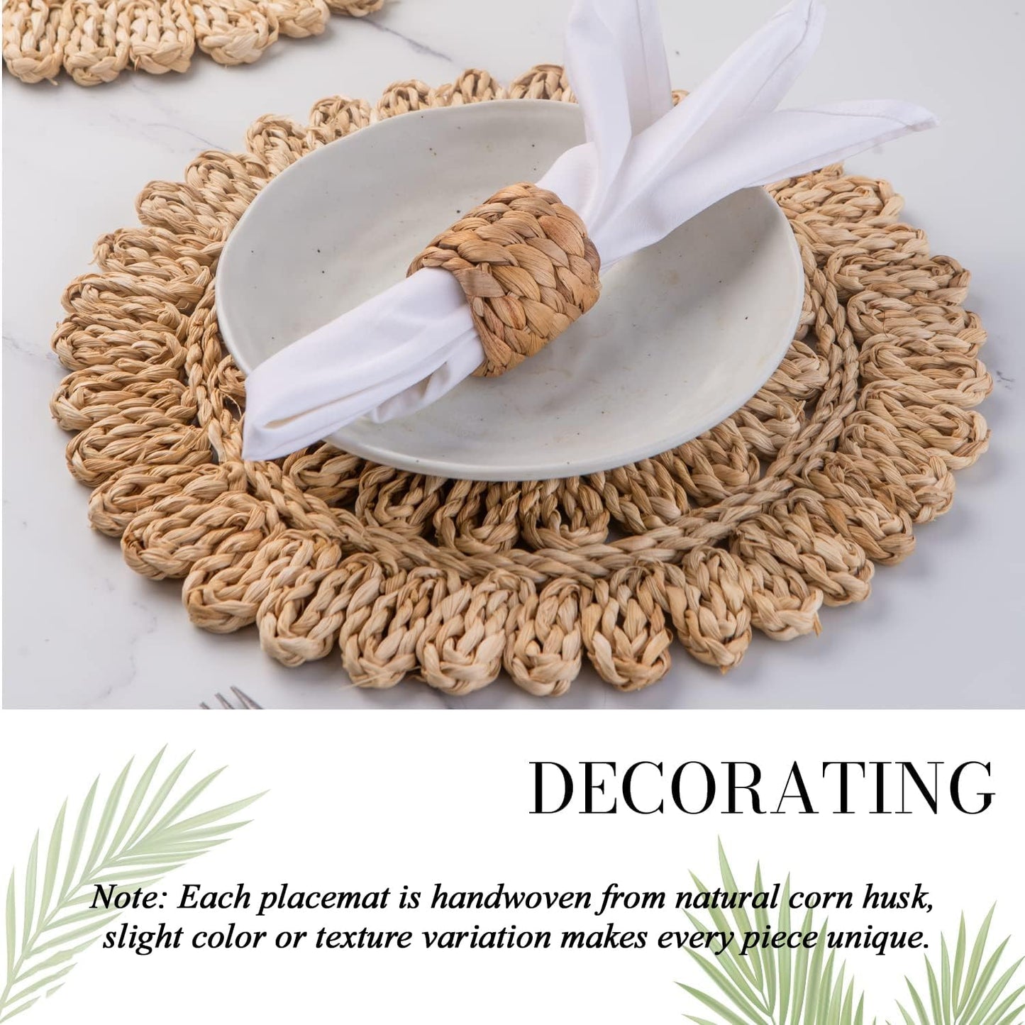 Laquedecraft 13.8" Set of 8 Round Corn Husk Placemats | Boho Woven Rattan Table Mats | Farmhouse Wicker Spring Plate Chargers Like Water Hyacinth, Seagrass for Wedding, Party, Christmas, Events