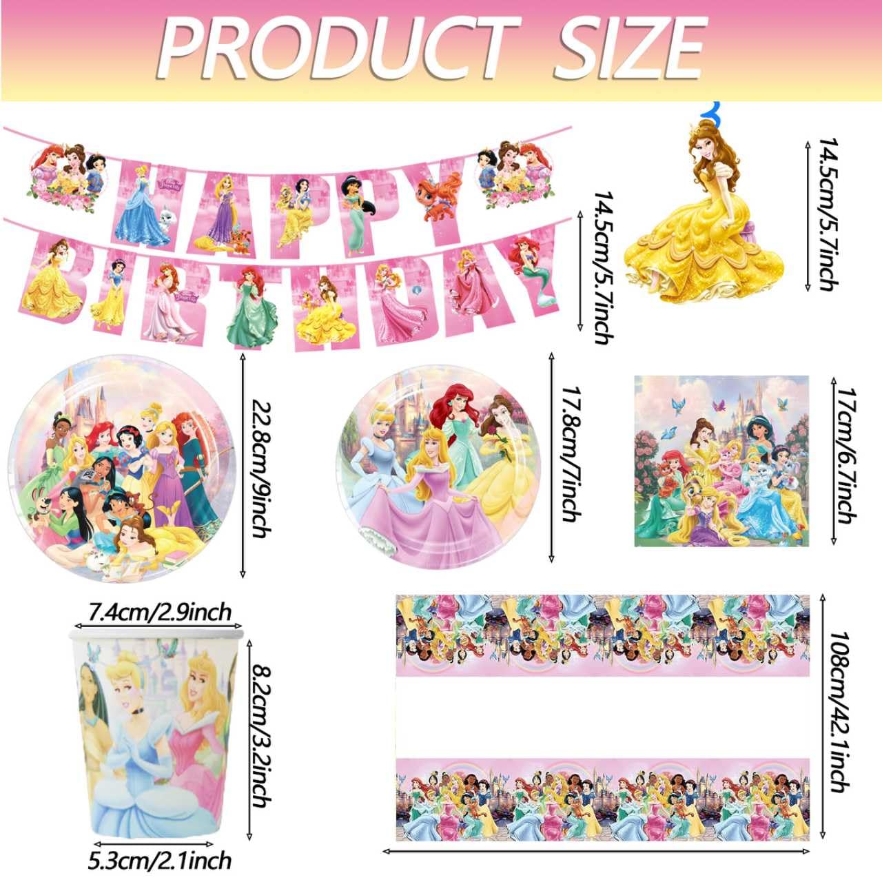 88PCS Disne Princess Birthday Decorations:40 Plates (9 inch + 7 inch), 20 Napkins, 20 Cups, 1 "Happy Birthday" Banner, 6 Hanging Swirls, 1 Tablecloth