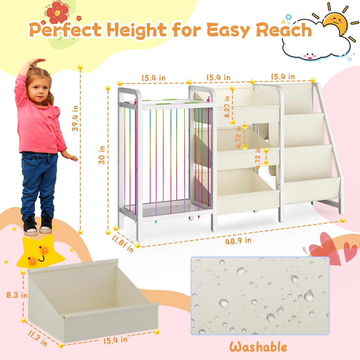 CYXPHION B2 Kids Bookshelf and Toy Storage, 3 Tier Book Shelf for Kids Rooms, Sling Toddler Bookshelf with Stuffed Animal Storage, Montessori Baby Bookcase for Nursery, Bedroom, Playroom, White