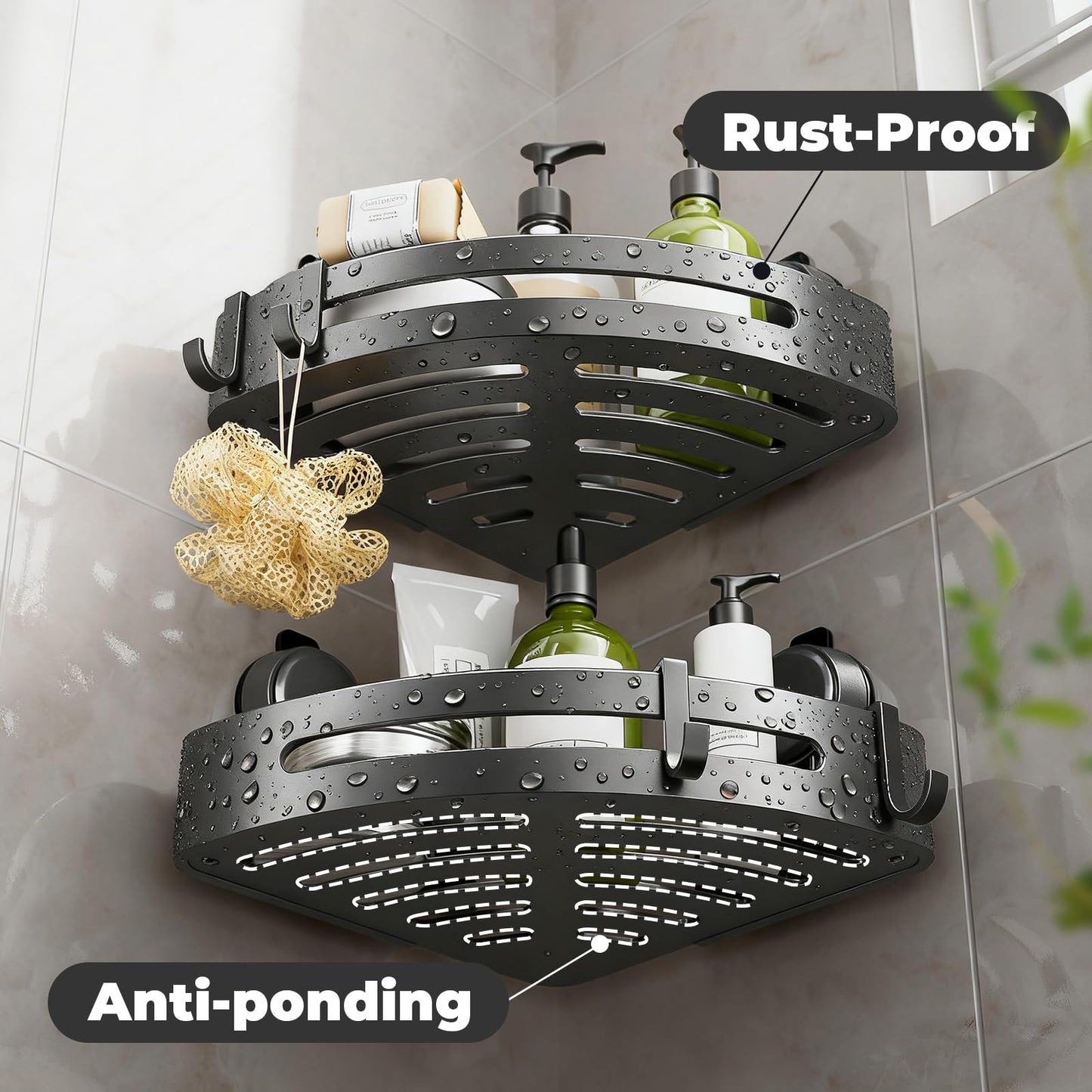 ONXE Corner Shower Caddy Suction Cup,Shower Shelves with Hooks,No Drilling Powerful Upgrade Suction Bathroom Corner Organizers and Storage,Removable Waterproof Rustproof Shower Shelf Bathroom Decor