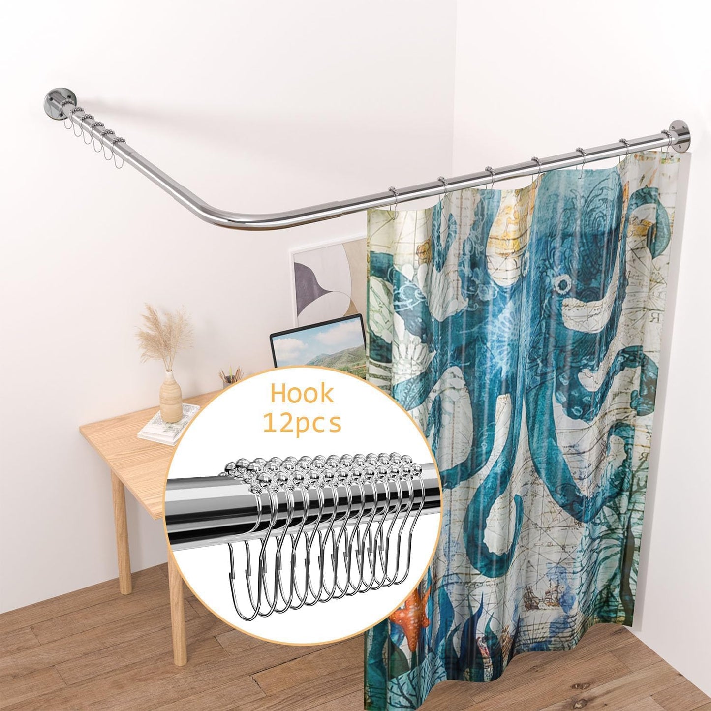 L Shaped Shower Curtain Rod, Adjustable (23.6"-52.4" x 23.6"-52.4"), Corner Shower Curtain Rod, Genuine 304 Stainless Steel, Unsagging, Drill-Free, 90° Corner Design, Includes 12 Shower Curtain Rings
