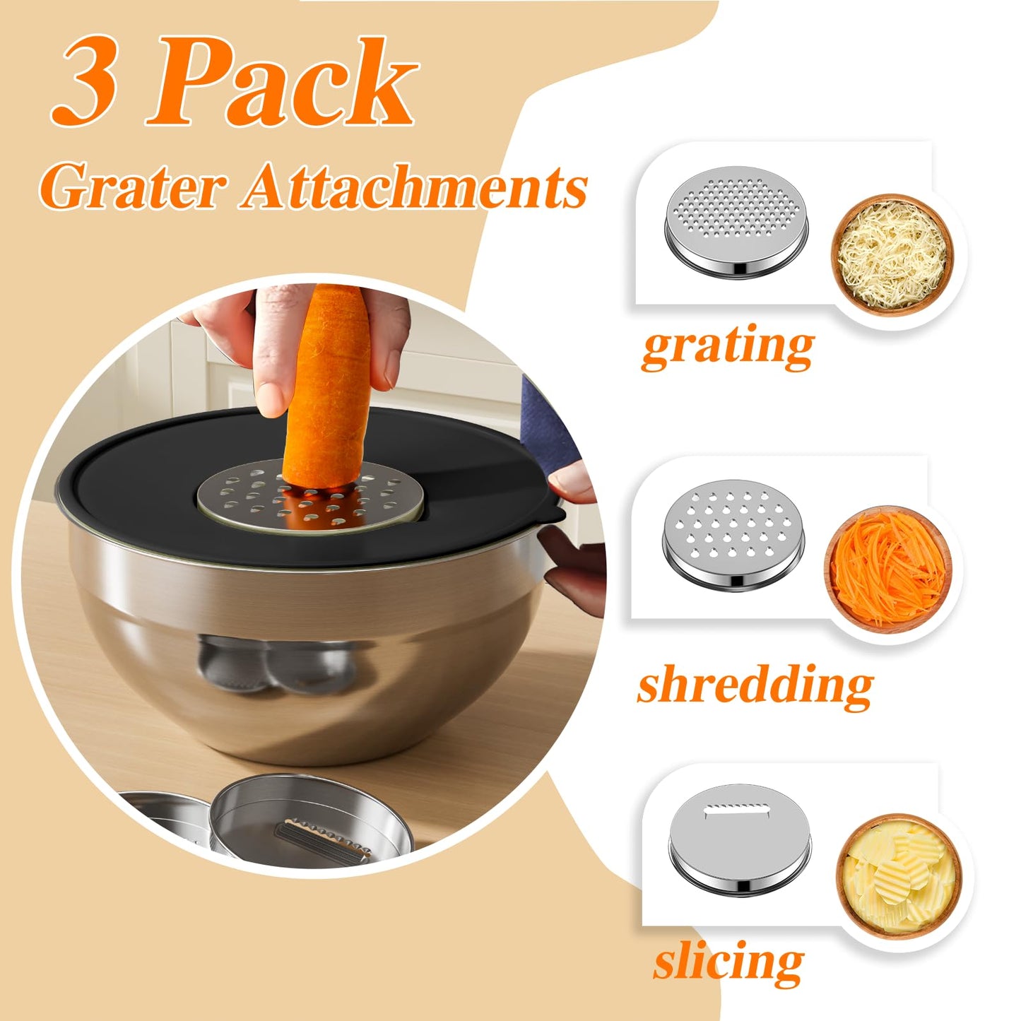Winproper Mixing Bowls with Lids Set, 6 PCS Stainless Steel Mixing Bowls with 3 Grater Attachments, Kitchen Food Storage Organizers Nesting Mixing Bowl, Large Size 4.5, 3.5, 2.1, 1.5, 1.1, 0.7QT-Black