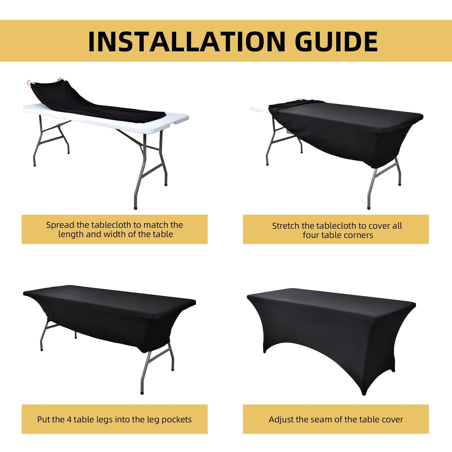 ZarzaaSik 6-Pack 6ft Black Spandex Table Covers for Rectangle Standard Folding Tables - Wrinkle Resistant Stretch Tablecloths - Ultimate Fitted Table Protector for Parties, Trade Shows, Wedding