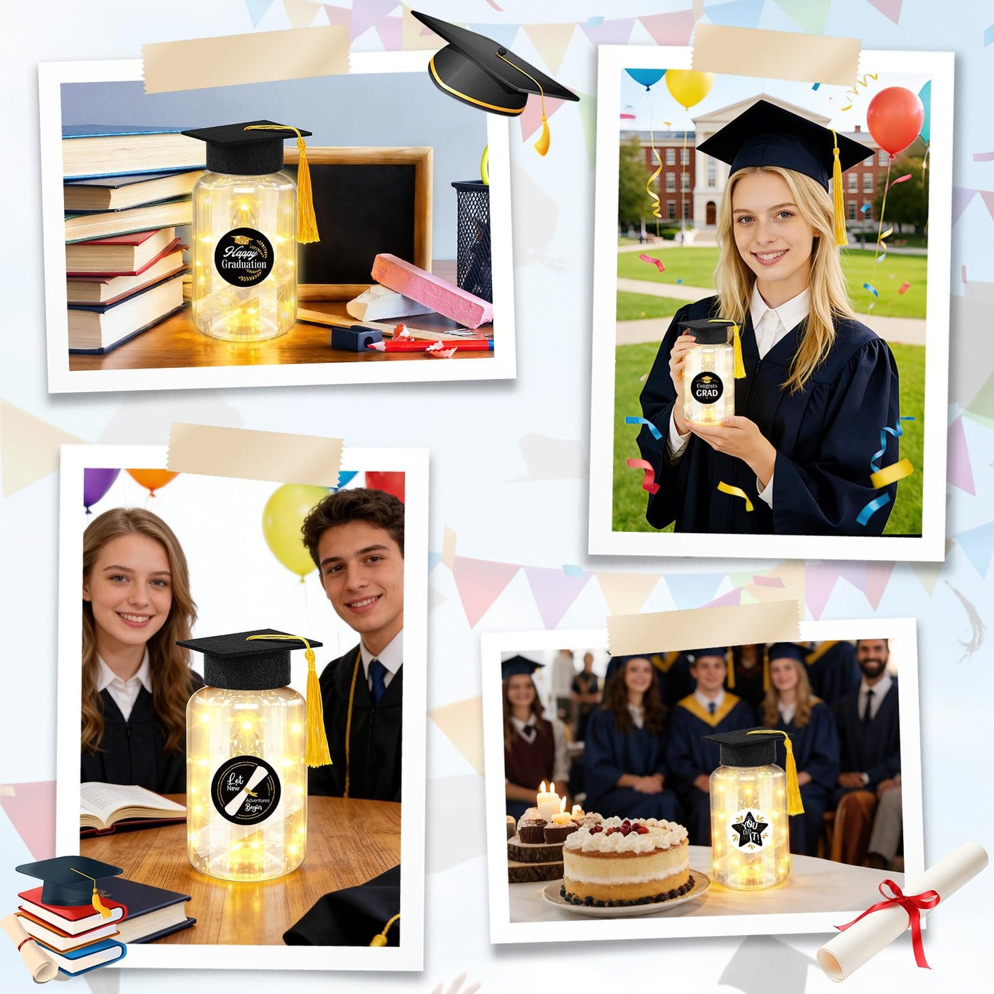 Phoncoo 16 Sets 2026 Graduation Table Decoration with LED Lights, Mason Jar Graduation Centerpieces for Tables with Grad Cap, Stickers for College High Middle School Grad Party Supplies Gifts(Black)