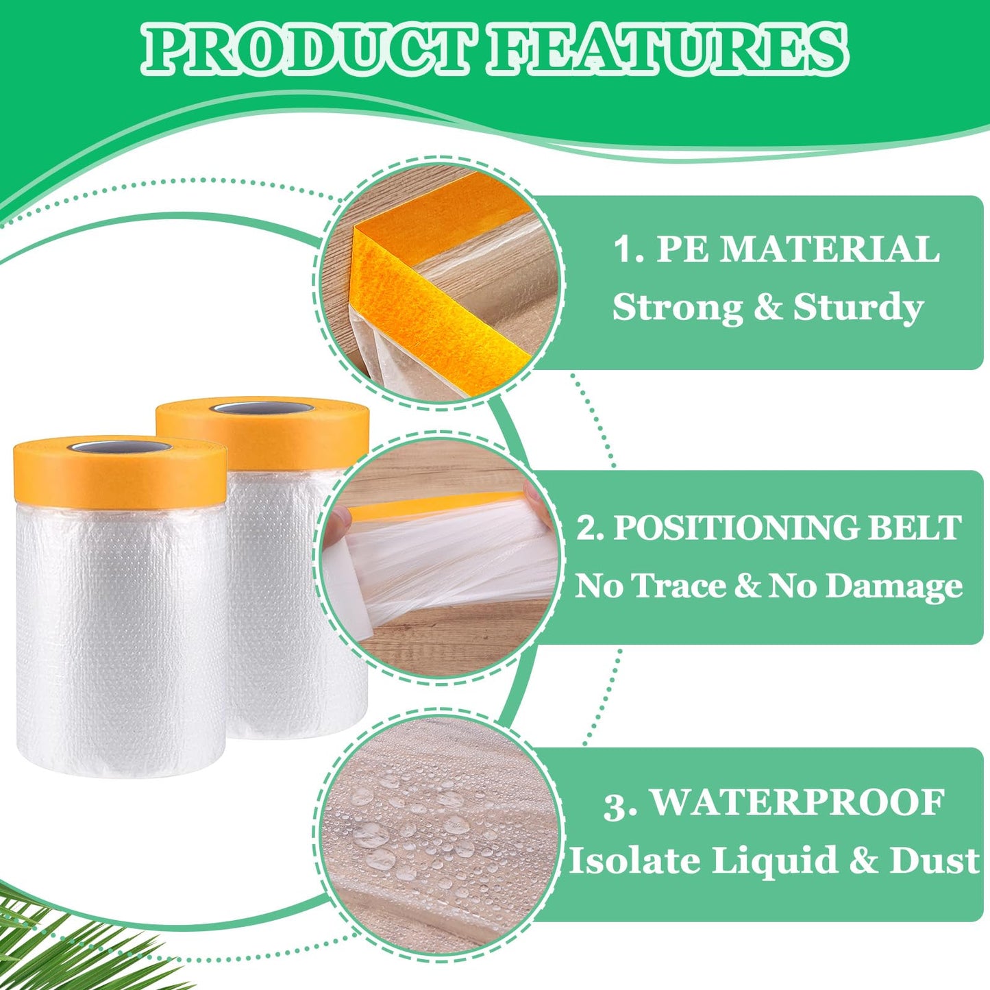 KUANVE 12 Pack Tape and Drape, 3 Sizes Pre-Taped Masking Film Plastic Sheeting Cover Roll, 65.6 Ft/Pack Automotive Painters Masking Tape Film for Furniture, Floor, Skirting