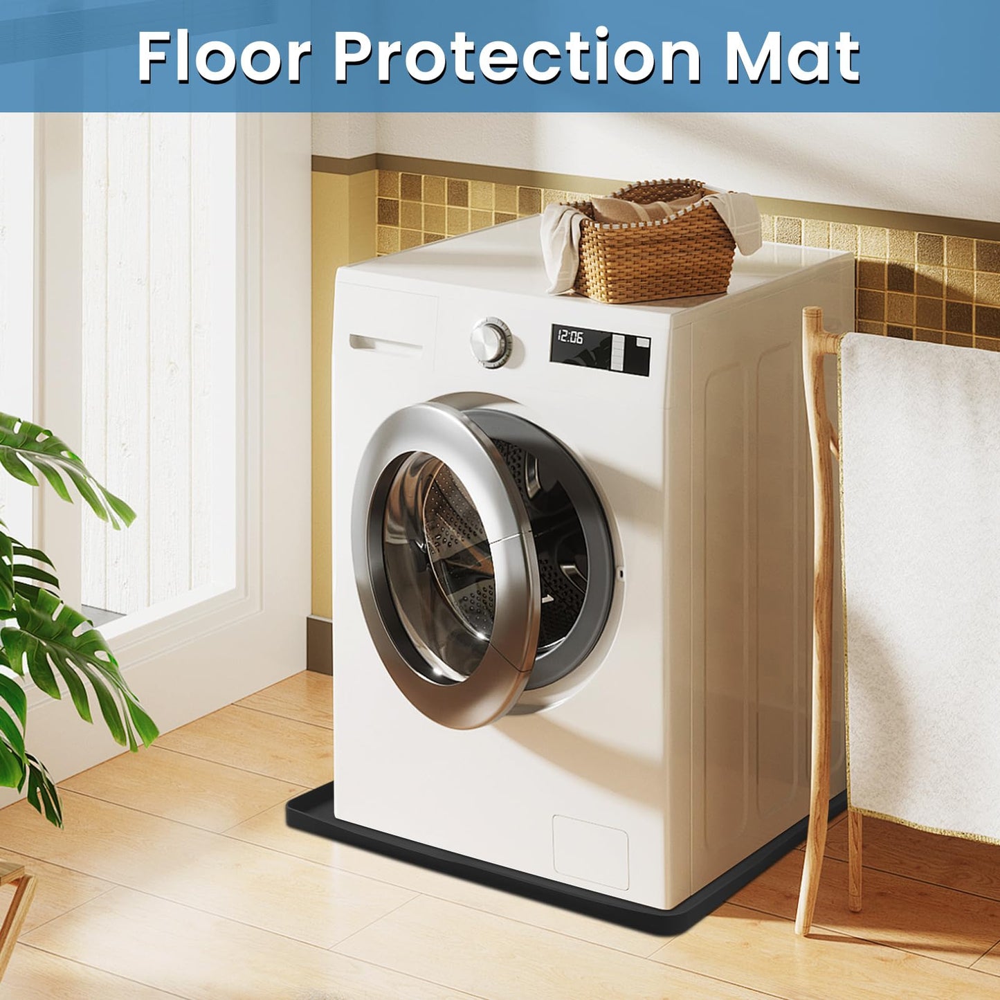 Large Washing Machine Mat 28" x 28" Silicone Under Washer and Dryer Drain Pan Drip Tray Floor Protector Non-Slip Flexible Soft Mat Waterproof Raised Edge 0.98'' Black