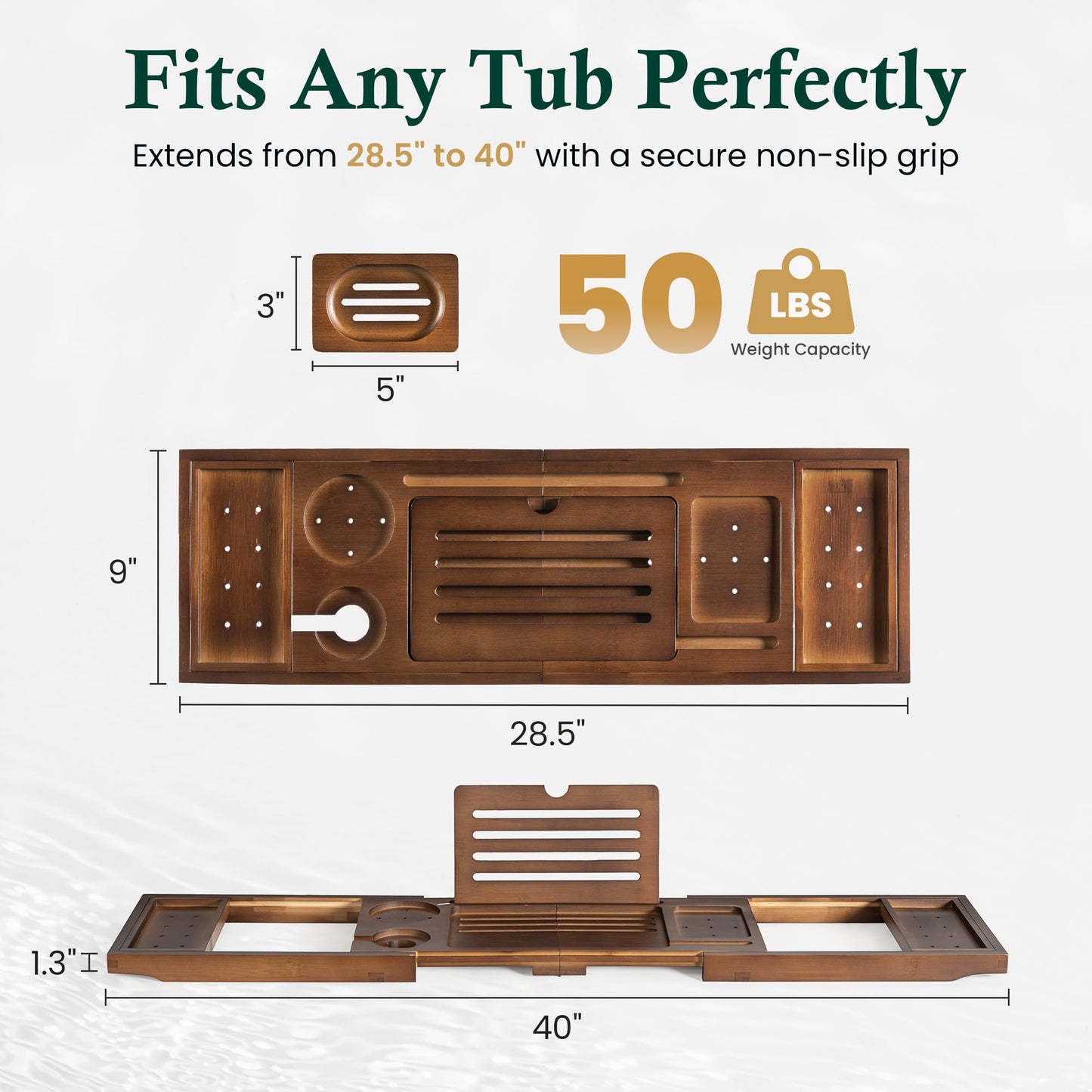 Realgulf Bamboo Bathtub Tray, Bath Caddy with Wine Glass Holder, Phone Dock & Book Stand | Hands-Free Reading & Ultimate Spa Relaxation Experience-Brown
