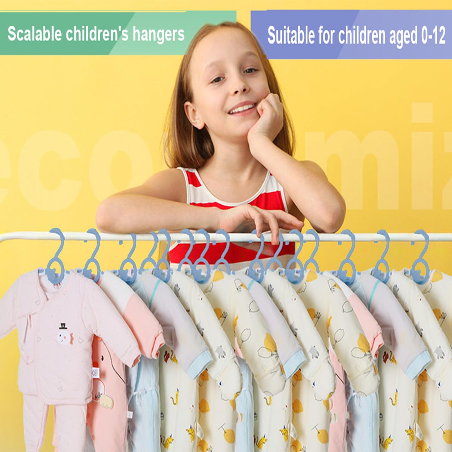 HGYZE Kid Hangers for Closet 50pcs, Blue Infant Clothes Hanger 11-14" Adjustable Plastic Baby Coat Perchas with Bear Hook, Non-Slip Children Outfit Hangars for Boy Toddler Newborn Teen Clothing