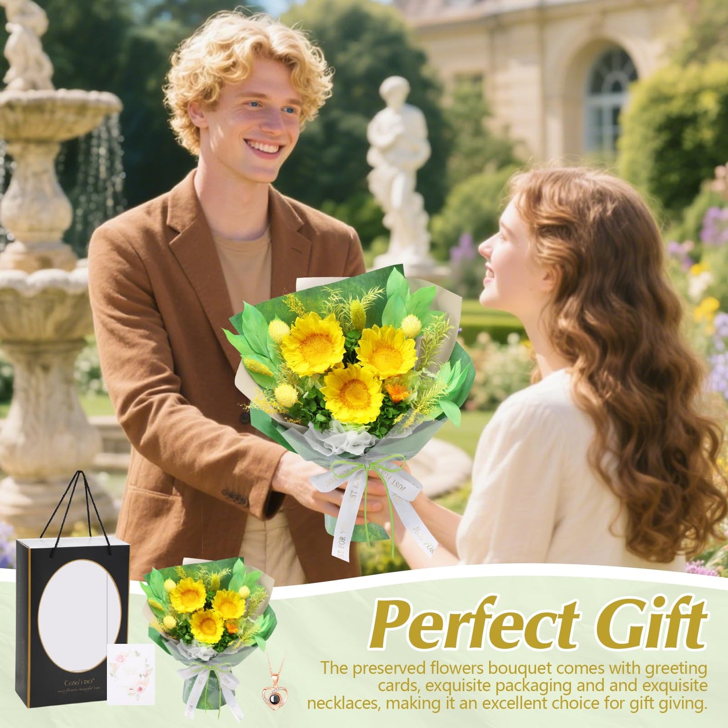 Casaido Preserved Flowers for Delivery, Mothers Day Sunflower Bouquets with Necklace, Forever Flowers Anniversary Birthday Gifts for Women Mom Wife Girlfriend, Eternal Flowers for ValentinesChristmas