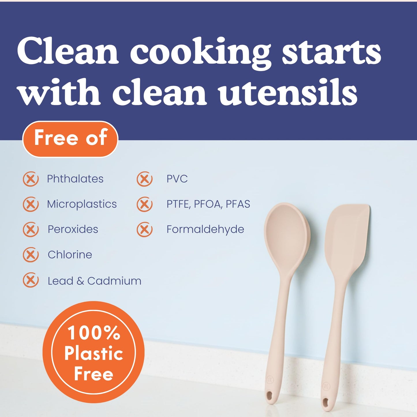 Non-Toxic Platinum Silicone Kitchen Utensil Set of 8 – Non-Scratch Cooking Spoons & Spatulas, 100% Plastic Free, Stainless Steel Core, Heat Resistant 500°F, Beige