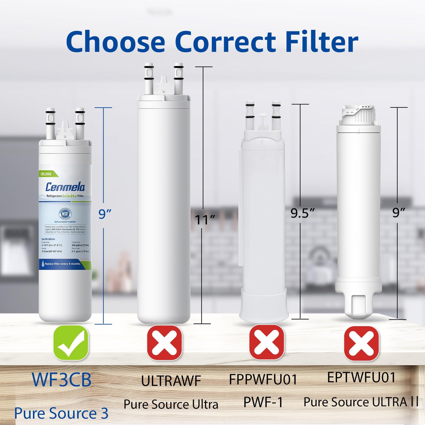 WF3CB Replacement Water Filter, Compatible with Frigidaire WF3CB, Pure Source 3, 706465, 242069601, 242086201, 242017800, WF425, Height 9 inches, Pack of 3