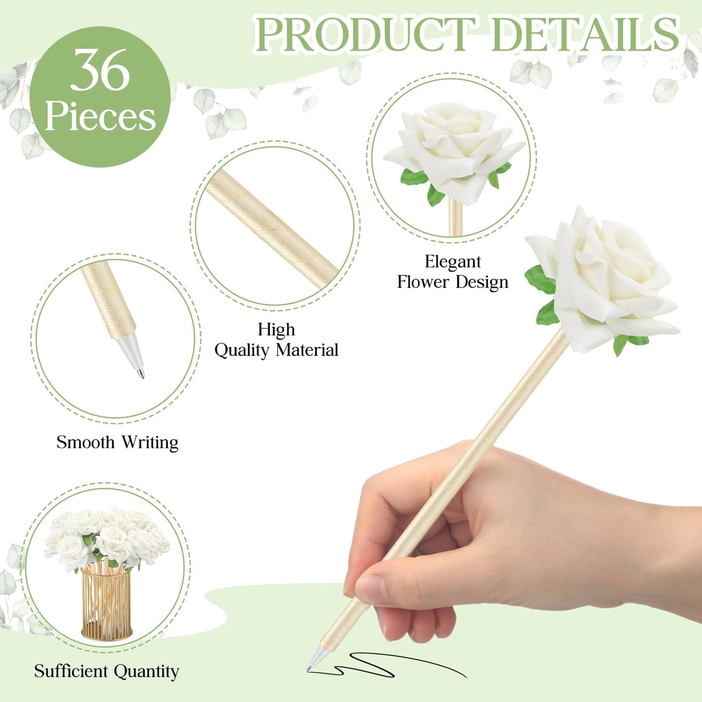 Spakon 36 Set Wedding Favors Pens for Guests Bulk - Bridal Shower Artificial Rose Flower Pen Thank You Cards with Twine Ballpoint Pen Black Ink for Wedding Games Office Proposal Gift(Cute Style)