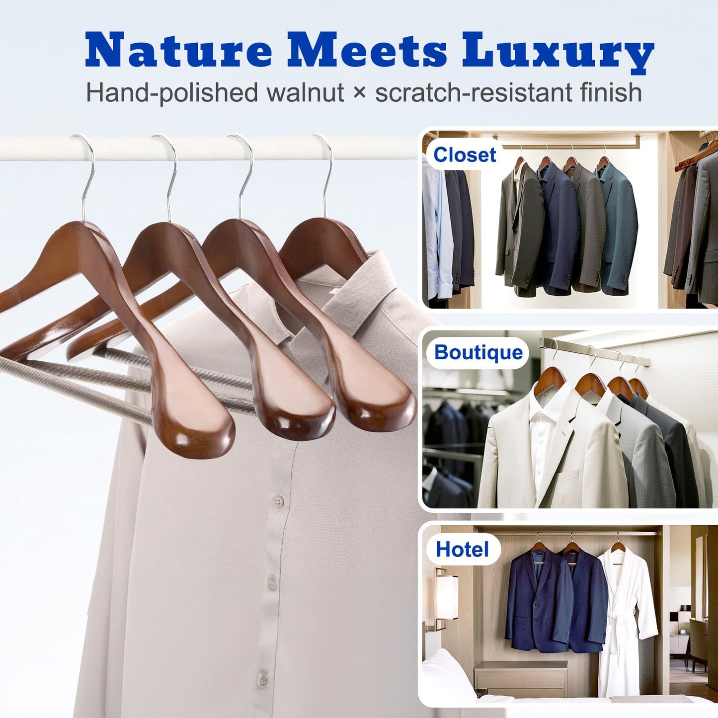 HOUSE DAY Wide Shoulder Wooden Hangers, Suit Hangers with Non Slip Pants Bar, Smooth Finish 360° Swivel Hook Solid Wood Coat Hangers for Dress, Jacket, Pants, Heavy Clothes Hangers 6 Pack (Walnut)