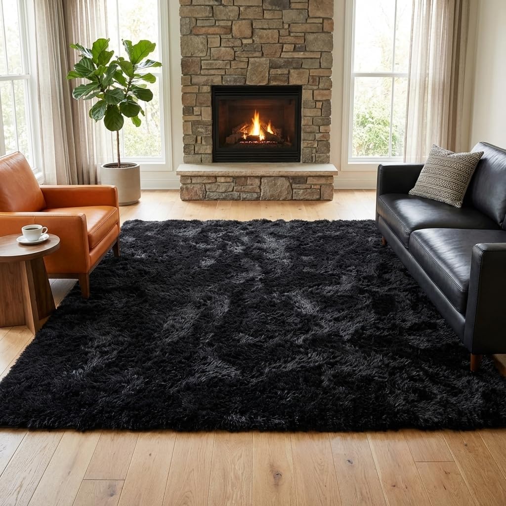 Mugorn 8x10 Area Rugs for Living Room, Large Fluffy Black Rugs for Bedroom, Soft Carpet Shag Kids Room Rug, Non-Slip Fuzzy Rugs Indoor (8ft x 10ft, Black)