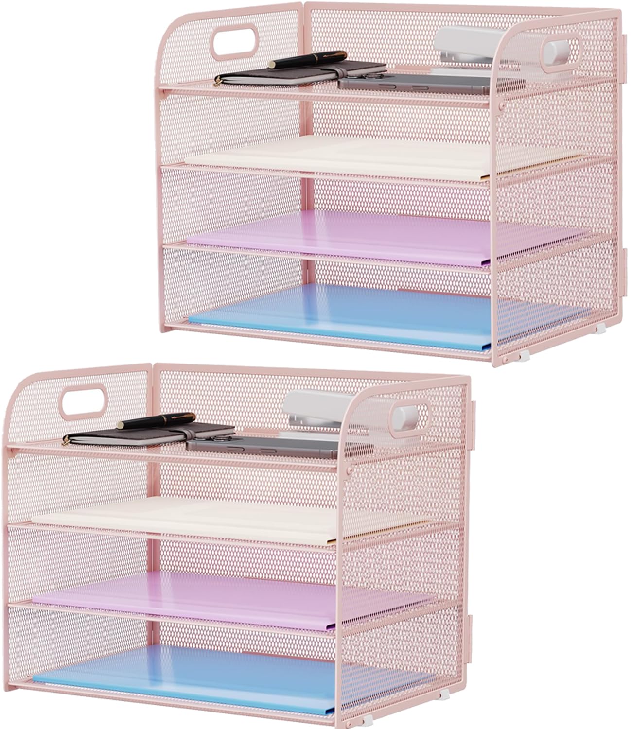 Marbrasse 2 Pack 4 Tier Paper Organizer Letter Tray - Mesh Desk File Organizer with Handle, Paper Sorter Organizer for Letter/A4 Office File Folder Holder (Pink, 12.6" x 9.1" x 10.7")