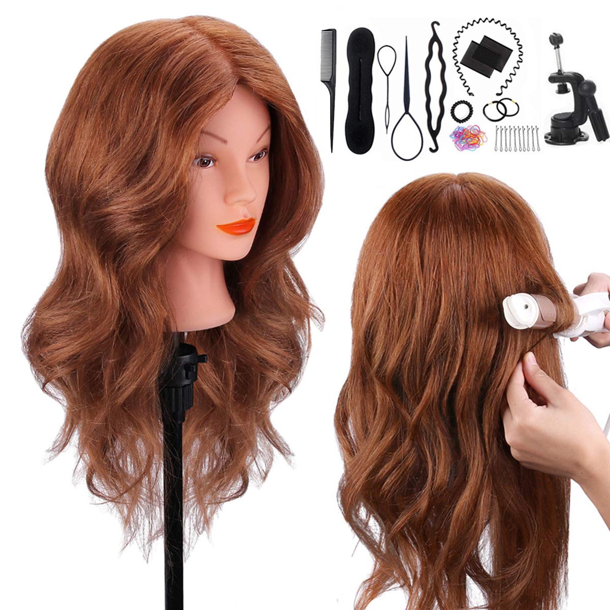 Mannequin Head with 100% Human Hair, TopDirect 18" Dark Brown Real Hair Cosmetology Mannequin Head Hair Styling Hairdressing Practice Training Doll Head with Clamp Holder and Tools