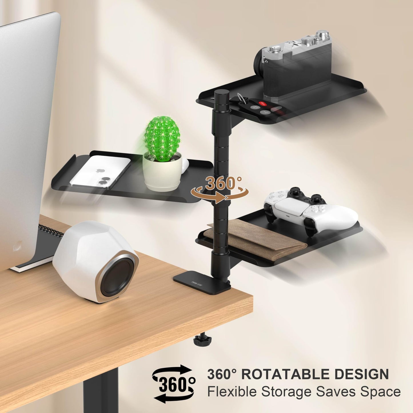 POWNEW 3 Tier Metal Clamp On Desk Shelf - 360° Rotatable Above/Under Table Storage, Adjustable Desktop Organizer for Home Office & Gaming, Storage Tray for Devices & Accessories