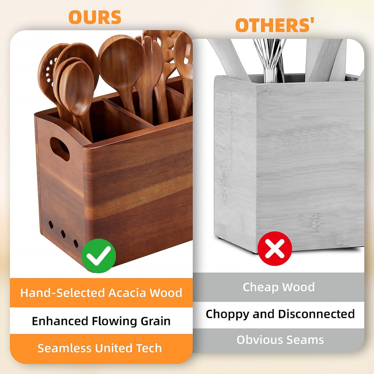 PrimZooty Natural Acacia Wood Utensil Holder for Kitchen Counter (X-Large), 4 Compartment with Removable Dividers 15.7"x7.2"x5.04", Extra Large Cooking Utensil Organizer - Anti-Scratch Bottom