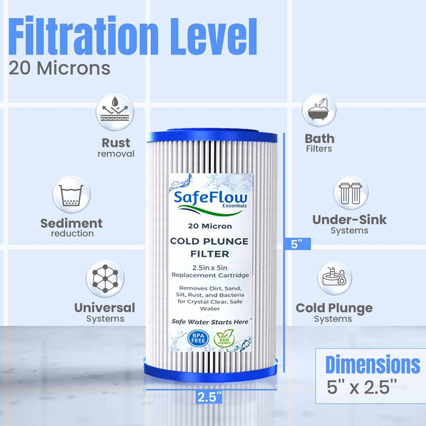 SafeFlow Essentials 5" x 2.5" Cold Plunge Filter 20 Micron – Fits The Pod Ice Cold Plunge Water Chiller, Cold Plunge Filters, and Under Kitchen Sink Systems (6)