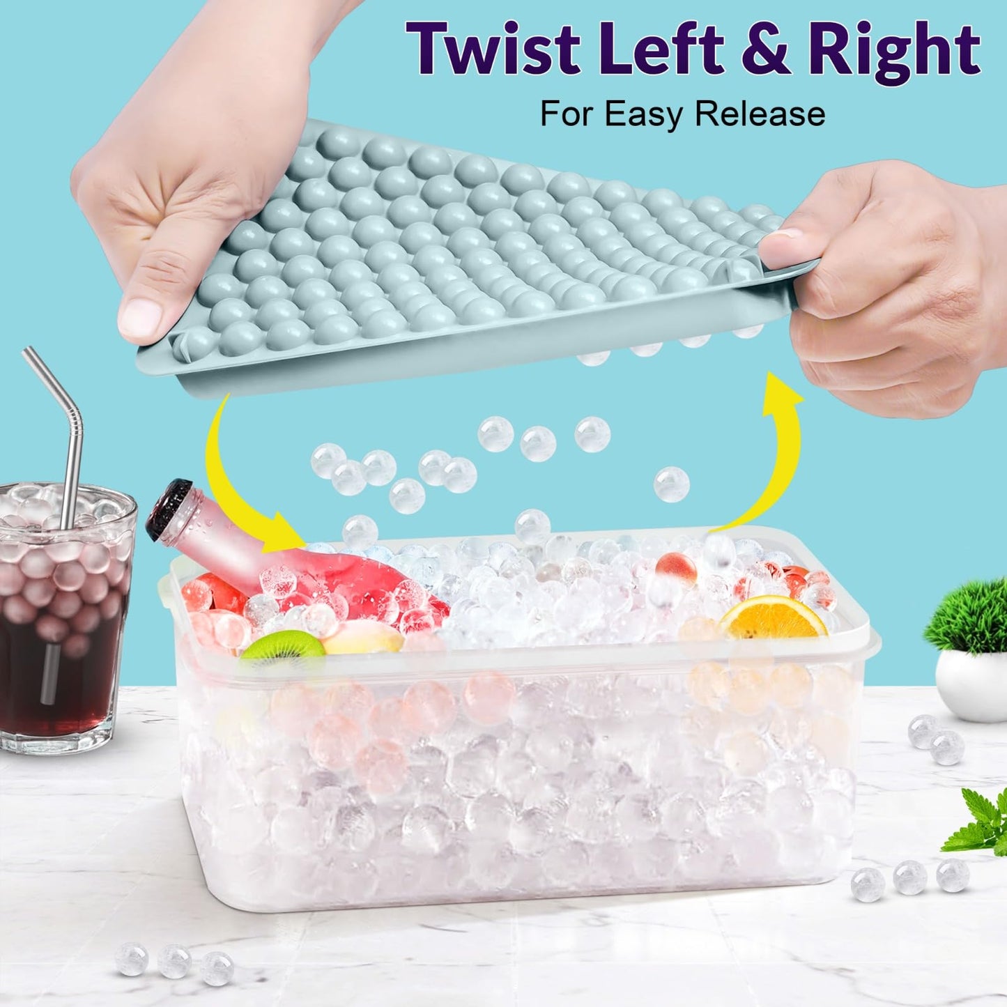 0.55in Mini Ice Cube Trays - Plastic Tiny Pebble Ice for Iced Coffee & Cocktails - Fast Chill, Easy Twist Release - Stackable with Lid, Storage Bin, Tongs, 2 Straws (4 pack, Blue)