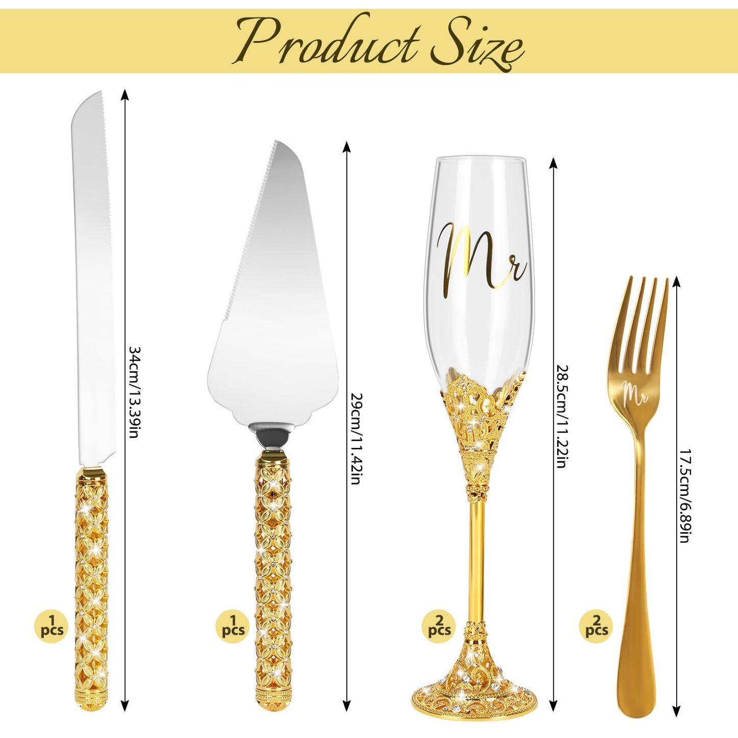 juciasouul 6 PCS Wedding Cake Knife and Champagne Flutes Server Set with Fork Mr and Mrs Champaign Flutes, Bride and Groom Champagne Glasses Crystal Rhinestone Wedding Toasting Glasses Parties