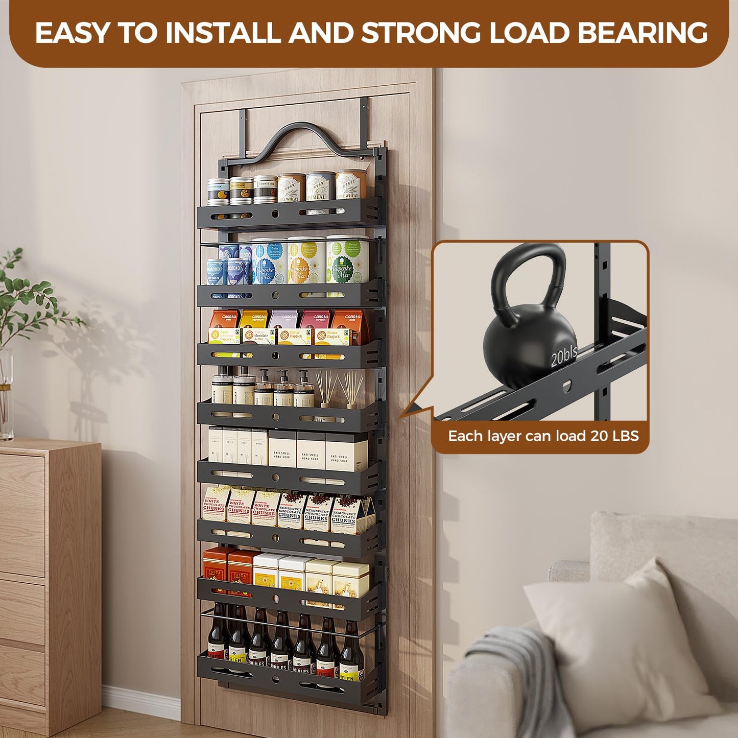 Freexployer 8-Tier Over The Door Pantry Organizer, Large 2 IN 1 Wall Mount or Hanging Spice Rack, Pantry Door Organizer and Storage with Adjustable Basket, Door Spice Rack for Pantry, Black