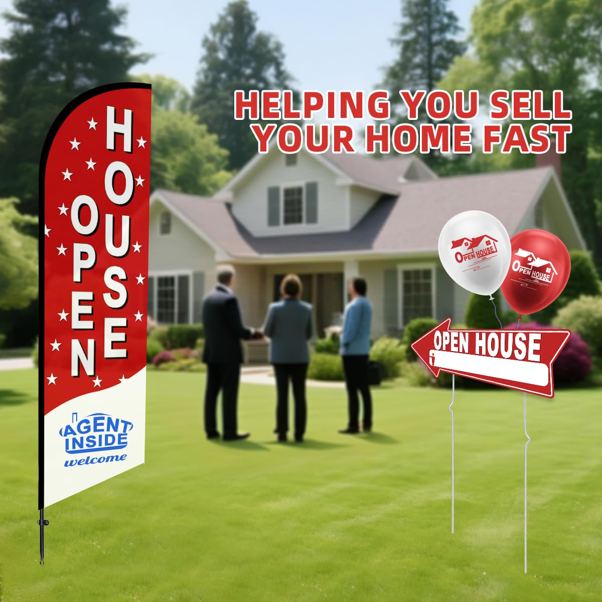 56 Piece Open House Signs for Real Estate Kit, 1 Open House Flag, 9 Double-Sided Estate Sale Arrows and Signs with Metal Stakes, Plus 24 Balloons, Suitable for Real Estate Brokerage Supplies (red)