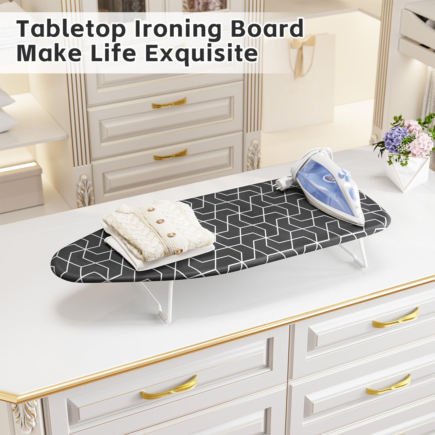 12”×30” Small Ironing Board top with Heat Resistant Cover, Compact Mini Ironing Board with Metal mesh Frame,for Dorm,Apartment and Travel, Hook for Hanging, Iron Board, Iron Table Stand Dark Gray