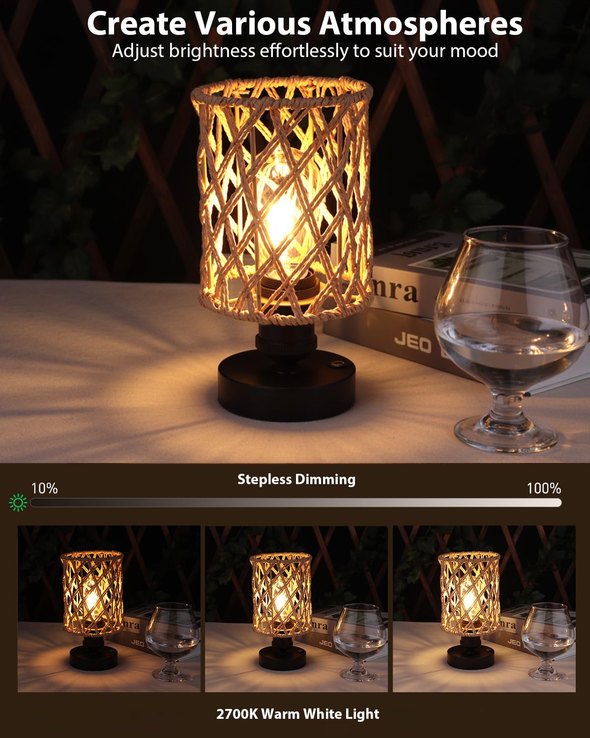 ALL FORTUNE Cordless Outdoor Table Lamps, Small Rattan Boho, Rechargeable Battery Operated for Outdoor Patio, Home, Living Room, Bedroom, Bedside - Set of 2 (Beige-A)