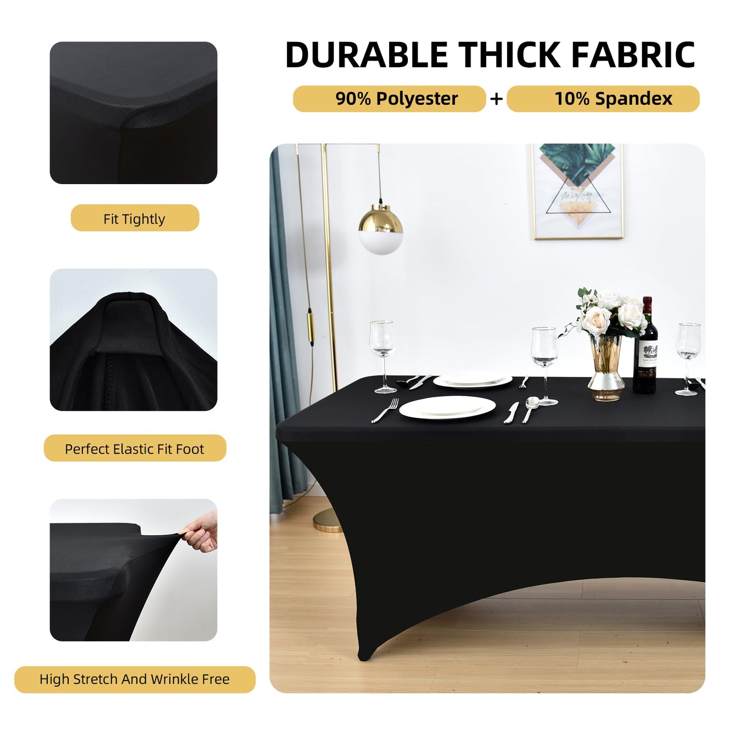 ZarzaaSik 6-Pack 6ft Black Spandex Table Covers for Rectangle Standard Folding Tables - Wrinkle Resistant Stretch Tablecloths - Ultimate Fitted Table Protector for Parties, Trade Shows, Wedding