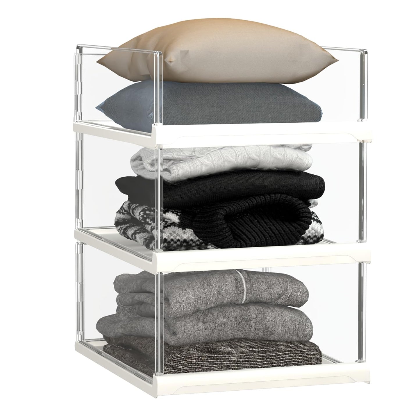 Covetree 3 Pack Stackable Closet Organizers and Storage Shelves - Transparent Sweater Organizer for Closet, Bathroom, Kitchen, Cupboard, Laundry Room, and Office