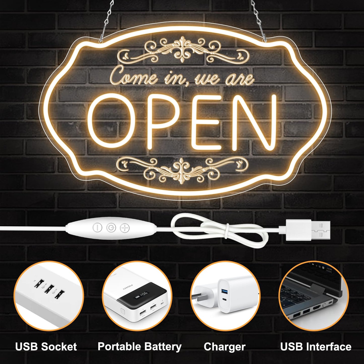 Open Sign for Business, 16.5 x 10 Inch Come In We're Open LED Neon Sign, Adjustable Brightness Warm White Window Sign for Storefront, Coffee Shop, Salon, Restaurant, Bar