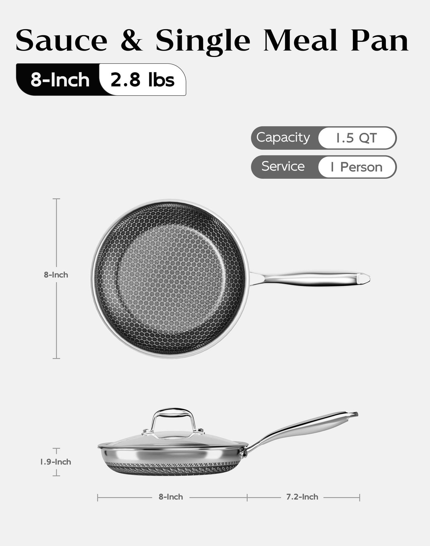 XBM Nonstick Frying Pan with Lid 7-Inch, Durable Stainless Steel Skillet, Induction Cooktop Compatible, PFOA-Free Scratch-Proof, Dishwasher & Oven Safe, Stay-Cool Handle, Silver Kitchen Cookware