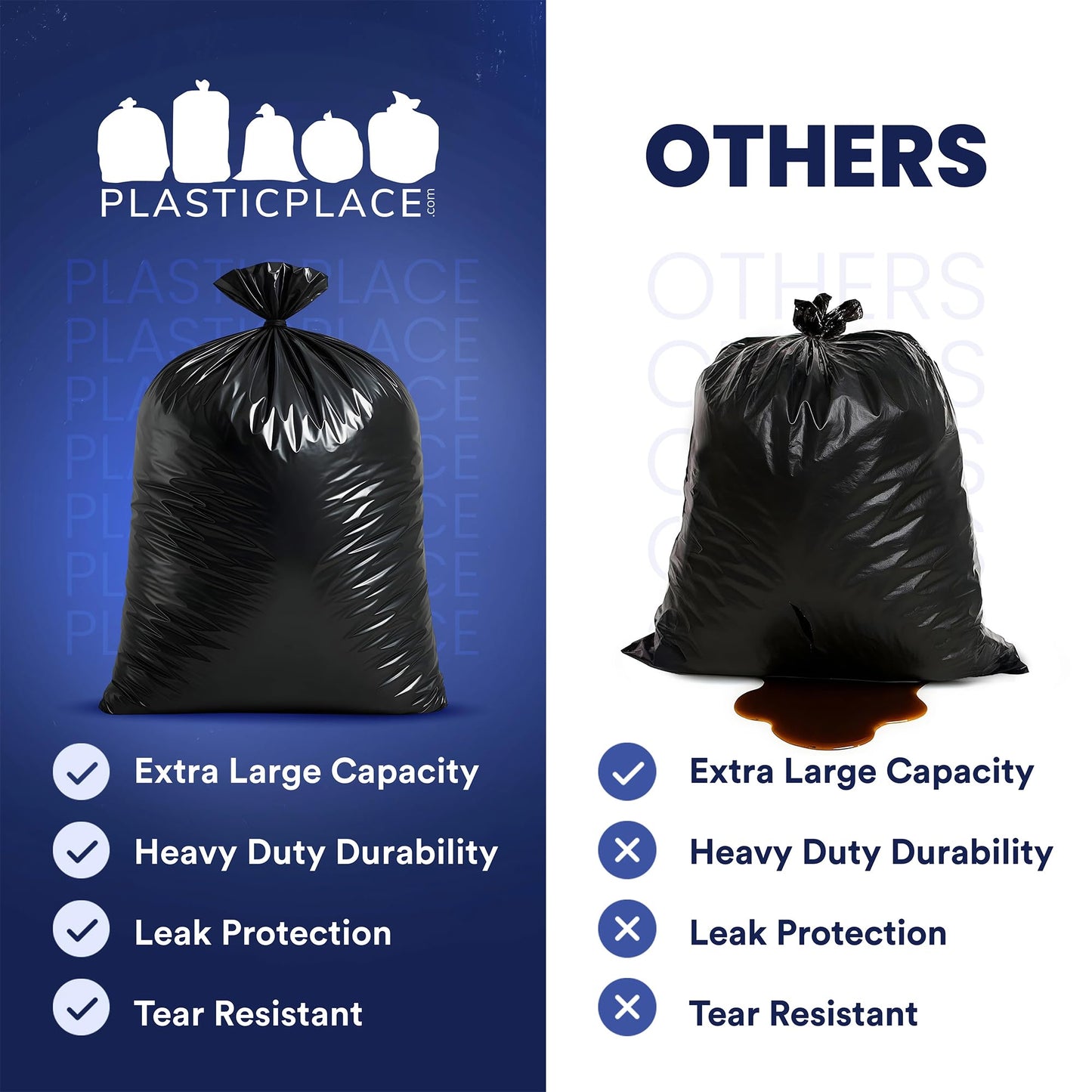 Plasticplace 64-65 Gallon Black Trash Bags, Heavy Duty Toter Can Liners, Tear & Leak-Proof, Industrial Strength, 25 Count, Large Garbage Bags for Kitchen & Commercial Use 1.2 Mil, 50" x 60"