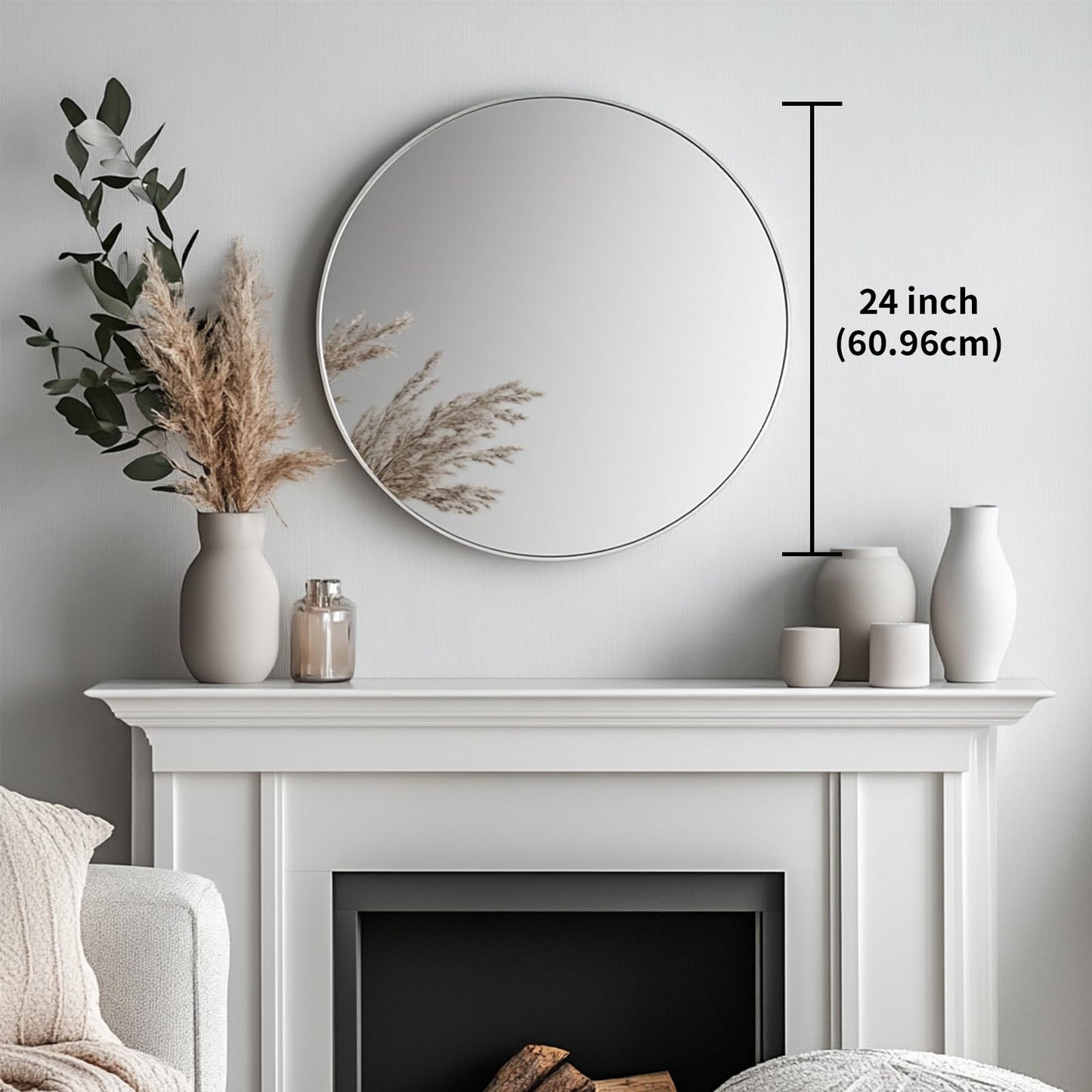 Oruii Silver Round Mirror, Round Mirror 24 inch Brushed Nickel, Circle Wall Mirrors Metal Frame, Silver Circular Mirrors for Bathroom, Wall, Living Room, Entryway, Hallway, Vanity, Rustic
