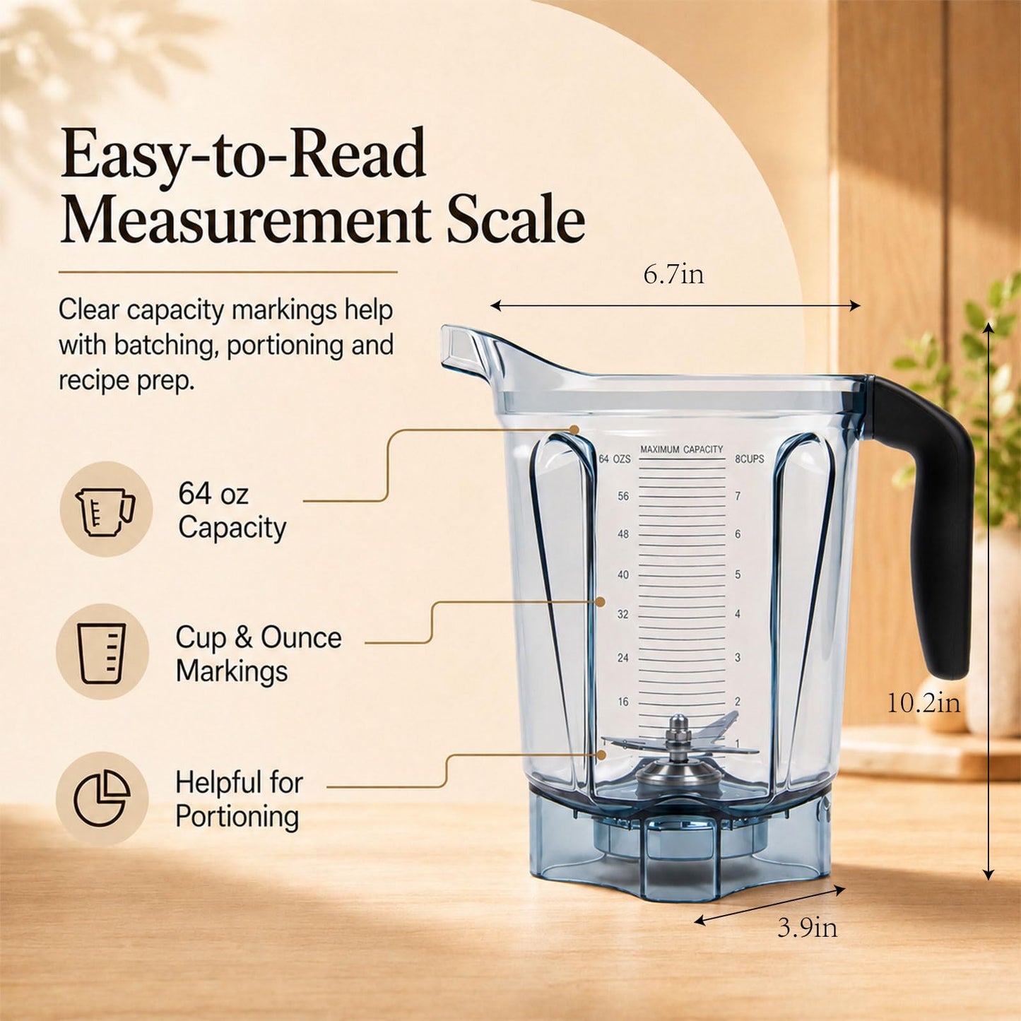Blender Pitcher 64oz Low-Profile, Compatible with 750, 5200, 5000, 6300, 7500, Vm0102, Vm0103, Vm0197, E310 Classic/Explorian/Commercial Series etc Container Jar Cup