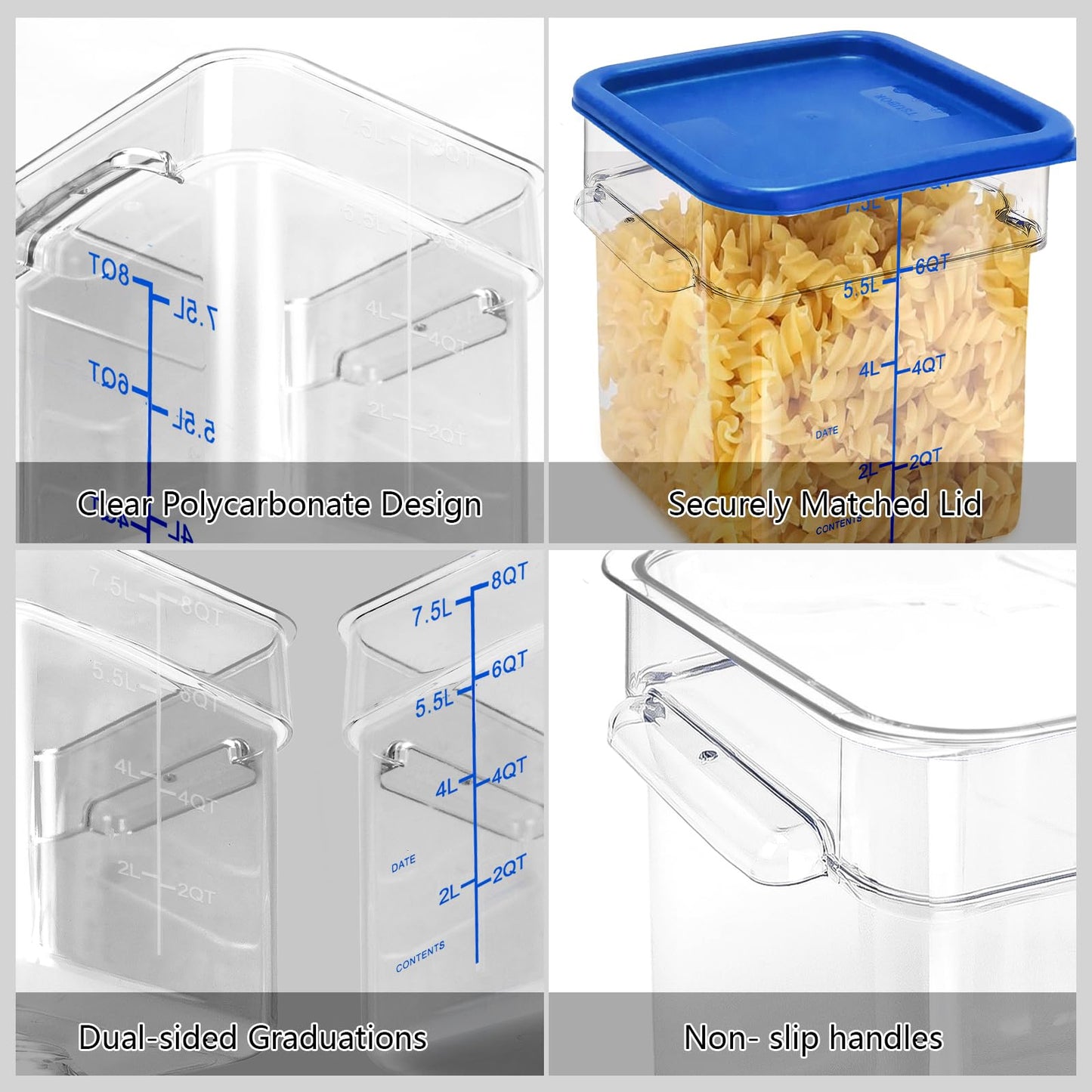 TSUBOR 4 Pack Food Storage Containers with Green Lids, 4.0 Qt - Square, Clear, Polycarbonate, for Restaurant Commercial Kitchen and Home party