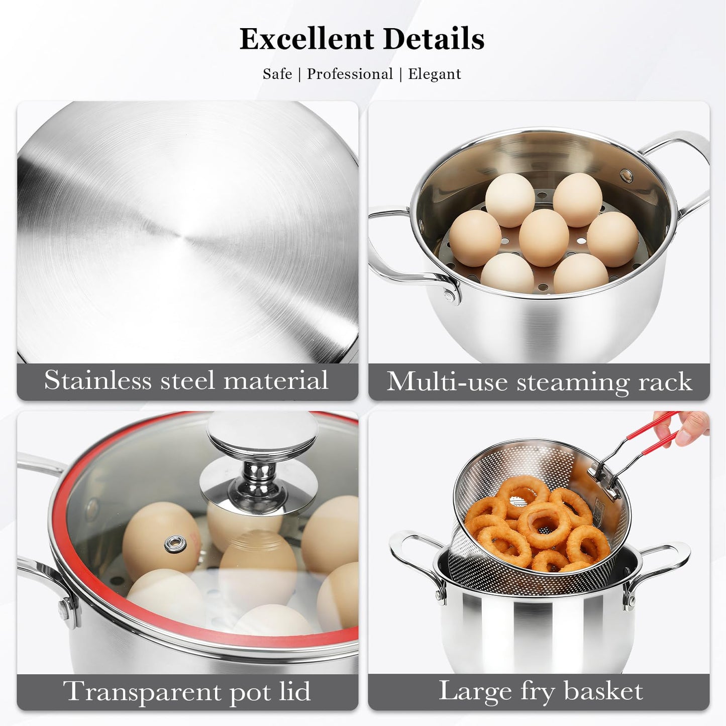 Deep Fryer Pot with Basket, Cooking Pot with Strainer Basket, 4.0L/4.2QT Multi-function Pot with Anti-scald Handle, Egg Steamer Rack & Lid, Stainless Steel Cookware for Home Kitchen Outdoor Camping