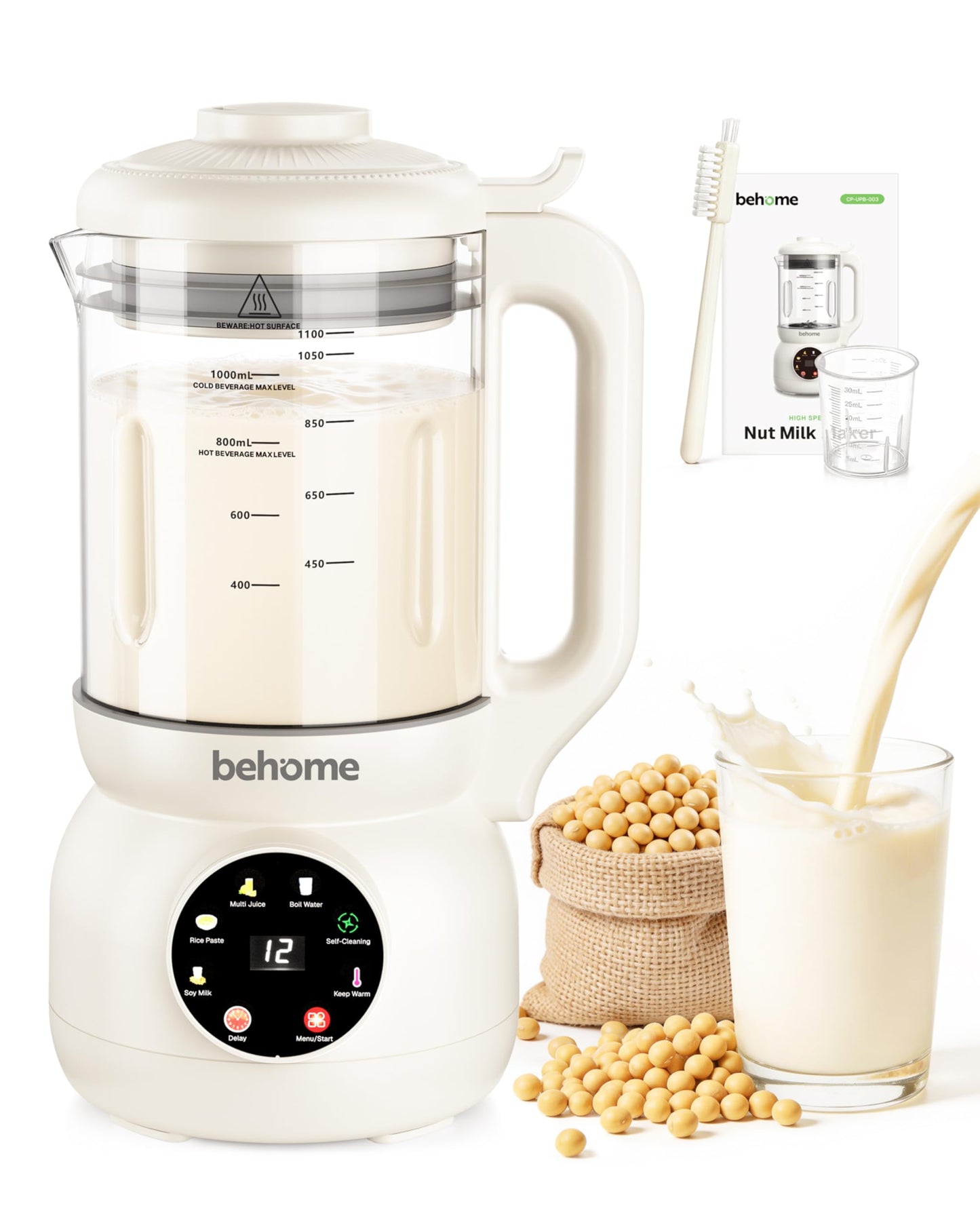 Behome 8 in 1 Nut Milk Maker Machine Blender – Glass Plant 32oz Milk Machine for Almond, Oat & Soy Milk, Self-Cleaning Vegan with No-Soak Beans, Delay Start & Keep Warm, Dairy-Free Beverage Maker