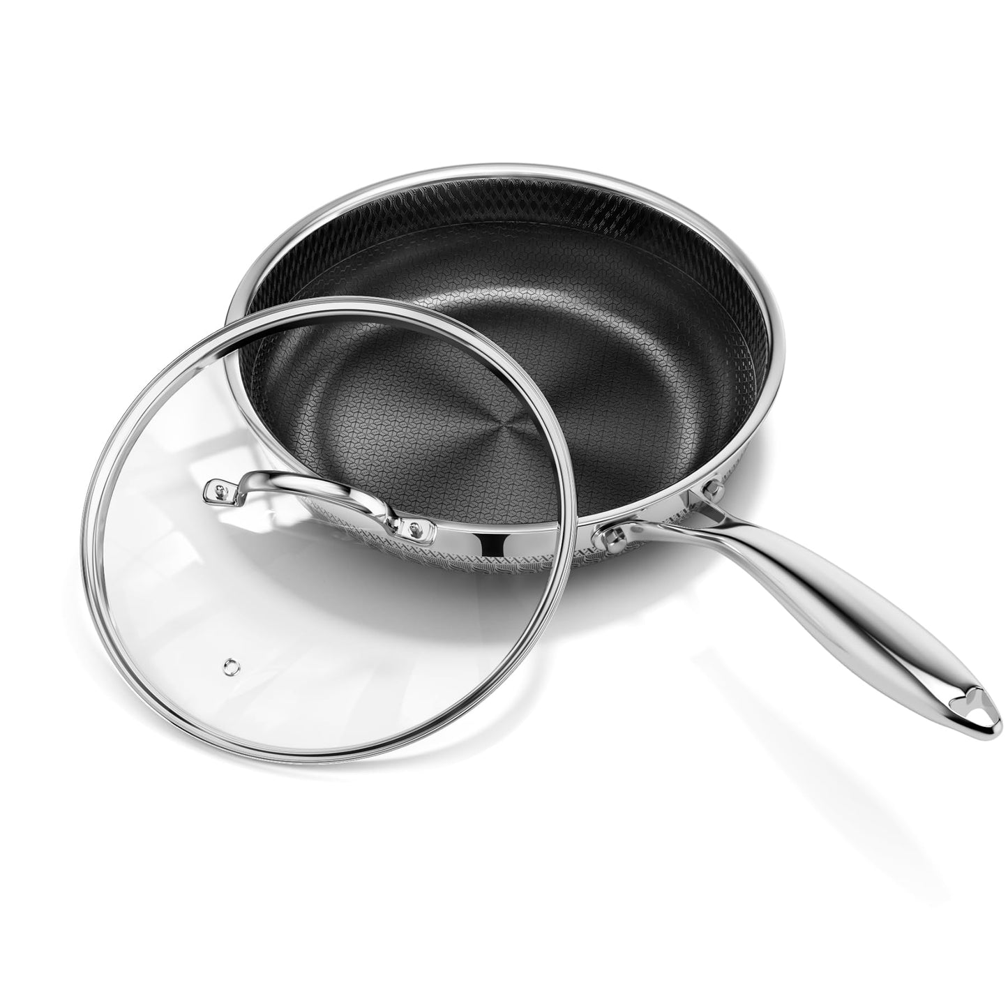 8 Inch Nonstick Frying Pan with Lid, Titanium Ceramic Tri-Ply Stainless Steel Non Stick Skillet W/Lid Small Hybrid Cooking Pan Healthy Induction Egg Frying Pan W/Stay Cool Handle, PFAS/PFOA/PTFE Free
