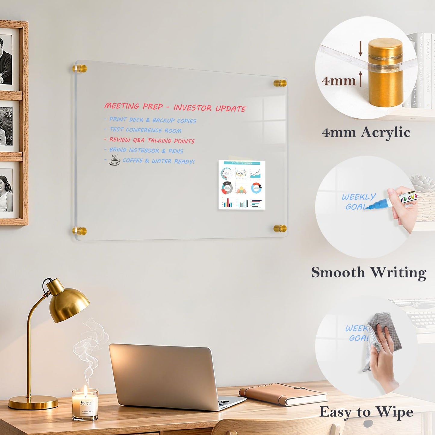 QUEENLINK Acrylic Dry Erase Board for Wall, 20 "x 16" Black Non-Magnetic Acrylic Wall Memo Board, Large Clear Family Planner White Board for Home and Office - Blank