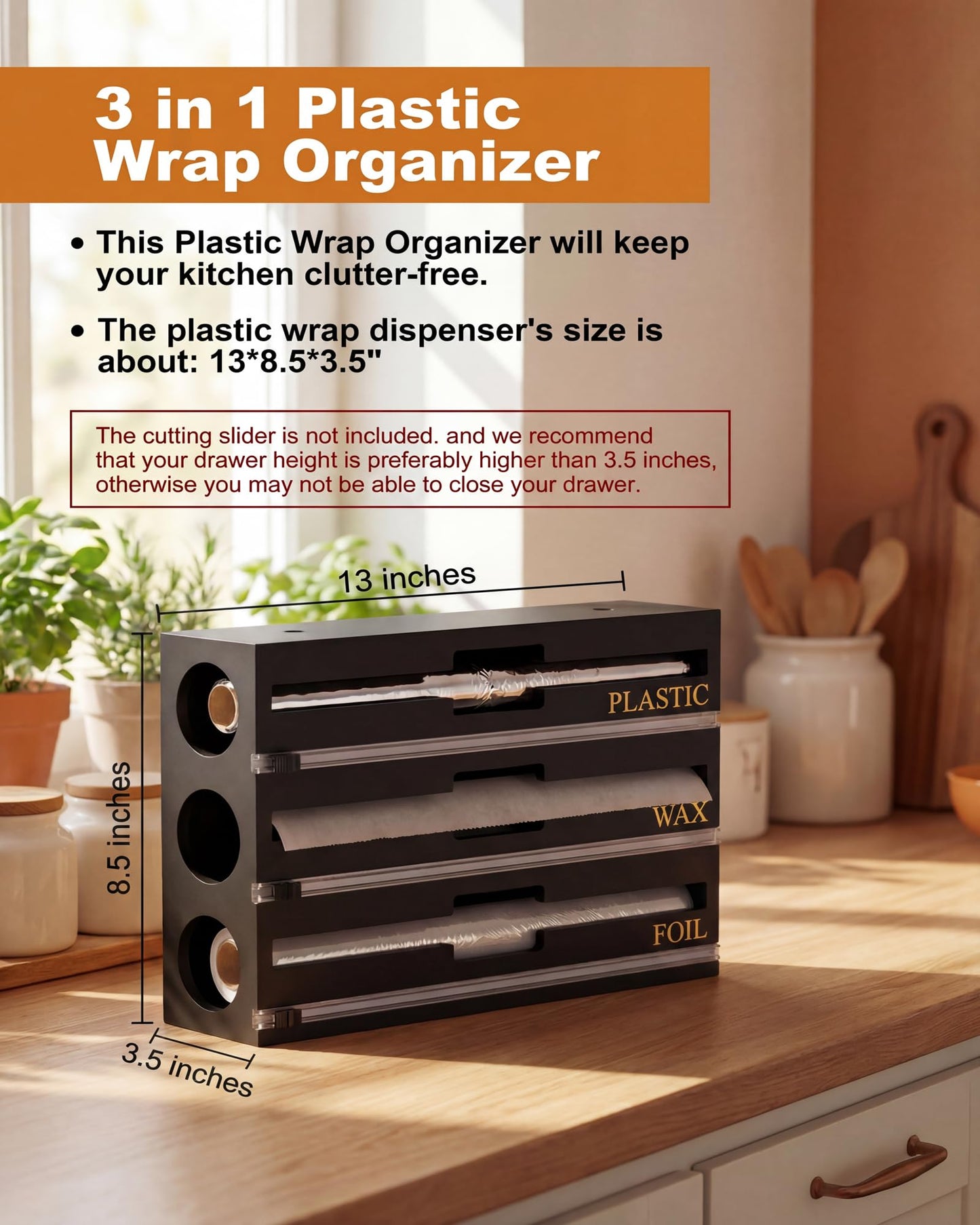 NIKUY 9 IN 1 Bamboo Foil and Plastic Wrap Organizer for Kitchen Drawer, Plastic Bag Organizer Organization and Storage, Food Storage Bag Organizer (BLACK)