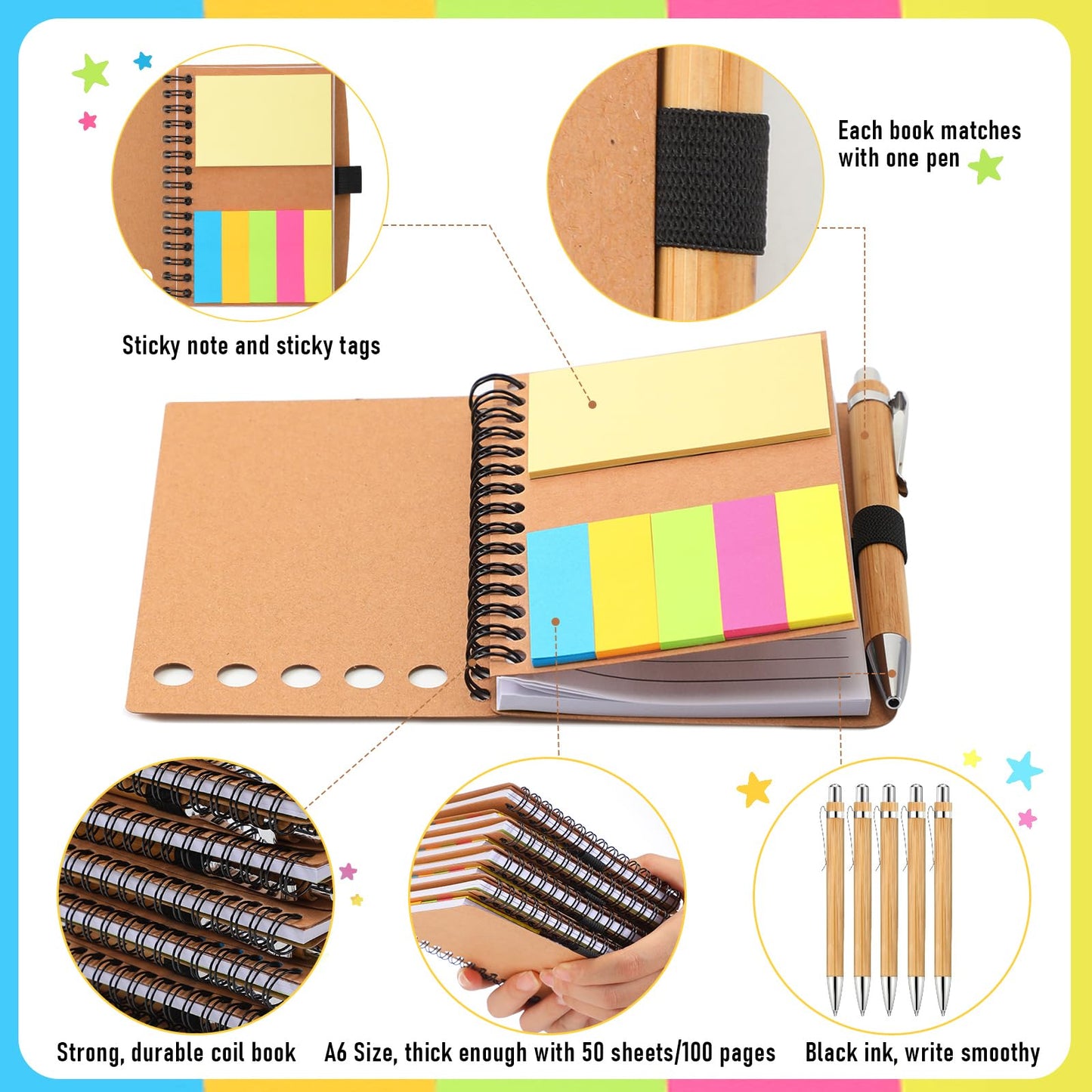 Chuangdi 30 Sets Lined Spiral Notebooks with Sticky Notes and Bamboo Pens, End of School Year Gifts for Office Teacher Staff, Kraft Notebook with Pen Bulk for Graduation Gift Back-to-school Supplies