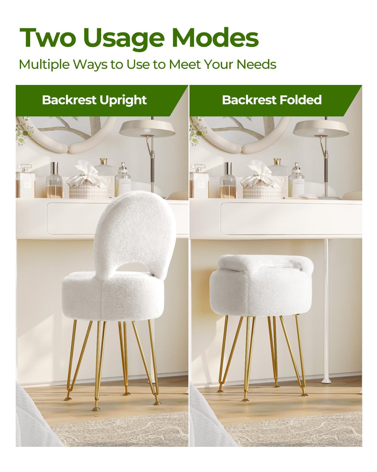 GREENSTELL Small Vanity Stool Chair with Storage and Folding Back, 13" x 13" x 17.7" Faux Fur Soft Ottoman for Teenager, 4 Metal Legs with Anti-Slip Feet, Furry Padded Seat for Makeup, Bedroom, White