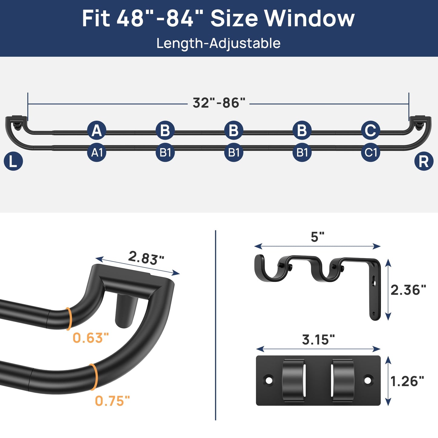 ENJOYBASICS Double Curtain Rod，Blackout Wrap-Around Curtain Rods for Windows 48 to 84 Inch，Adjustable from 32 to 86 Inch for Room Darkening Curtains, Matte Black