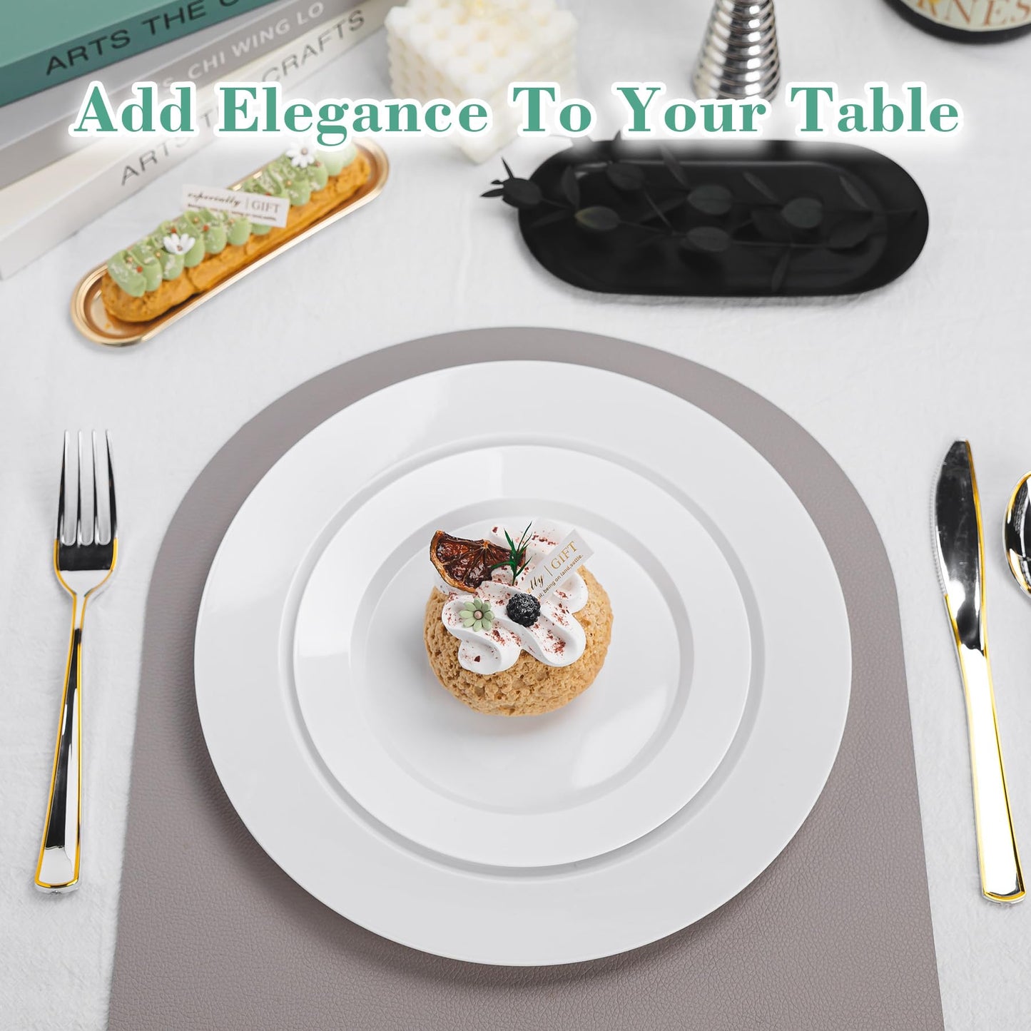 Ciselure 200PCS White Plastic Plates, Heavy Duty Plastic Plate Disposable, Include 100 Dinner and 100 Dessert Plates for Party and Wedding