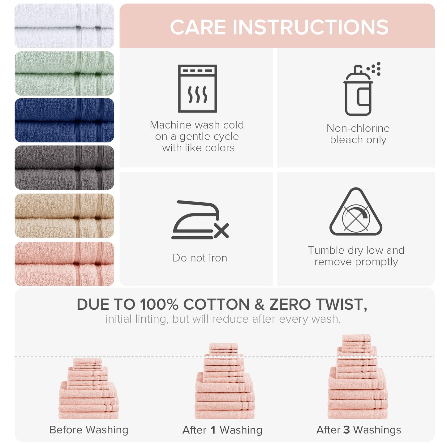 Comfort Spaces Towel Set for Bathroom 12 Piece Luxury Bath Towel Set 4 Hand Towel for Bathroom 4 Washcloth 4 Large Bath Pink Towel Sets 100% Cotton Quick Dry Towel Zero Twist Soft Lightweight Blush