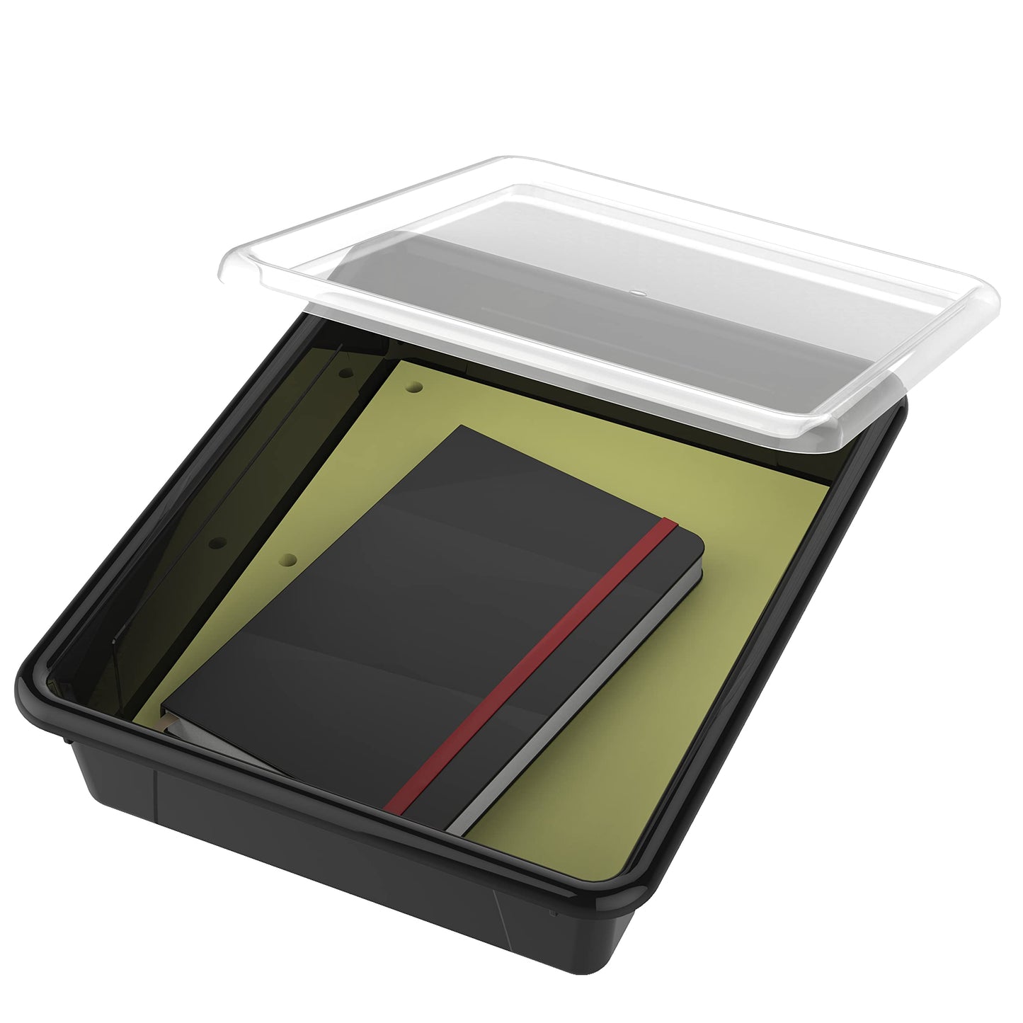 Storex Letter Size Flat Storage Tray – Organizer Bin with Non-Snap Lid for Classroom, Office and Home, Black, 5-Pack (62535U05C)